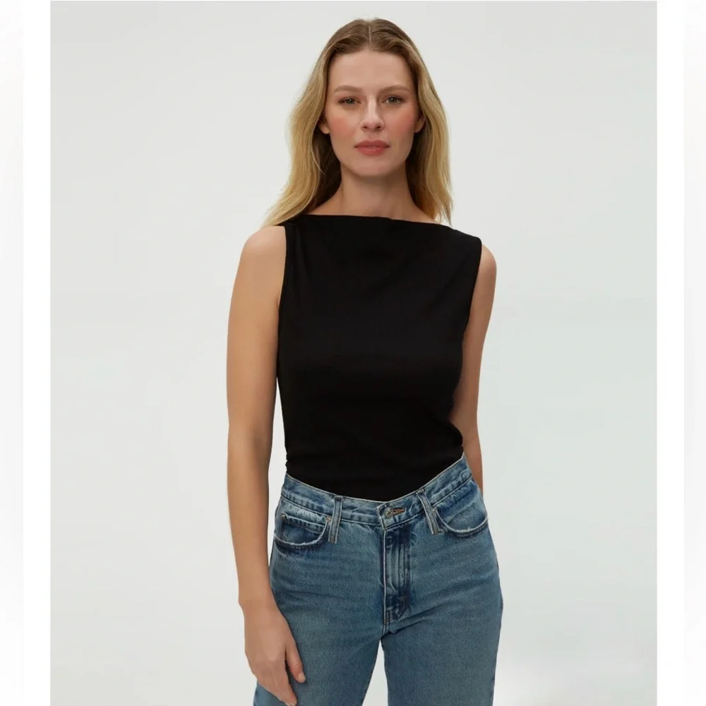 Michael Stars Black Coco Ruched Ribbed Boatneck Tank Size Small - Picture 2 of 13